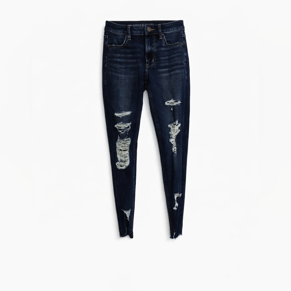 American Eagle Super High Rise Jegging 4 Dark Wash Distressed